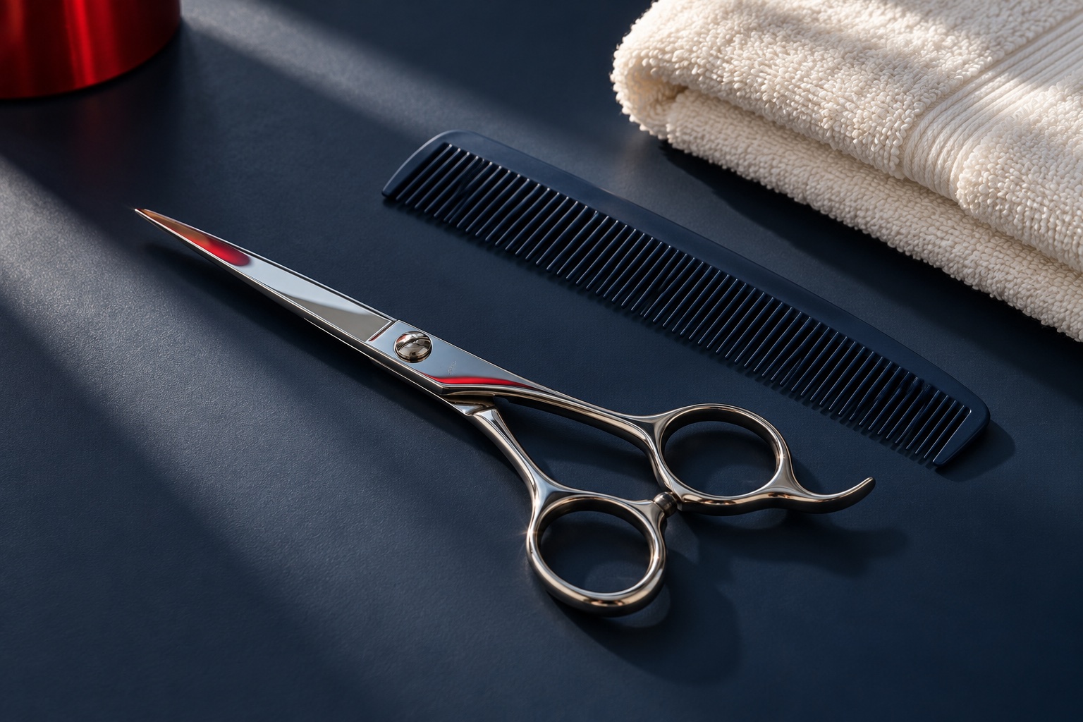 Illustrative studio study of barber scissors, comb and folded towel on a navy surface
